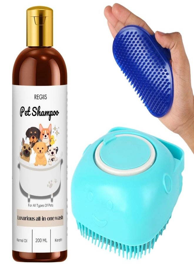 Regiis Pet Shampoo with Massage Brush Set, 200ml Luxurious All-in-One Wash, Blue Silicone Grooming Tool for Dogs, Keratin and Kernal Oil Formula(Pack of 3) - Image 1